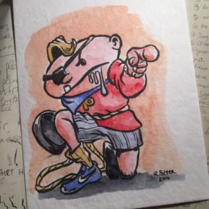 Day 11. The Drooling Imbecile. July 29. An old cartoon character whom I've revisited a few times. Droolie has no real powers, but always seems to accidentally save the day in monumentally stupid ways. 